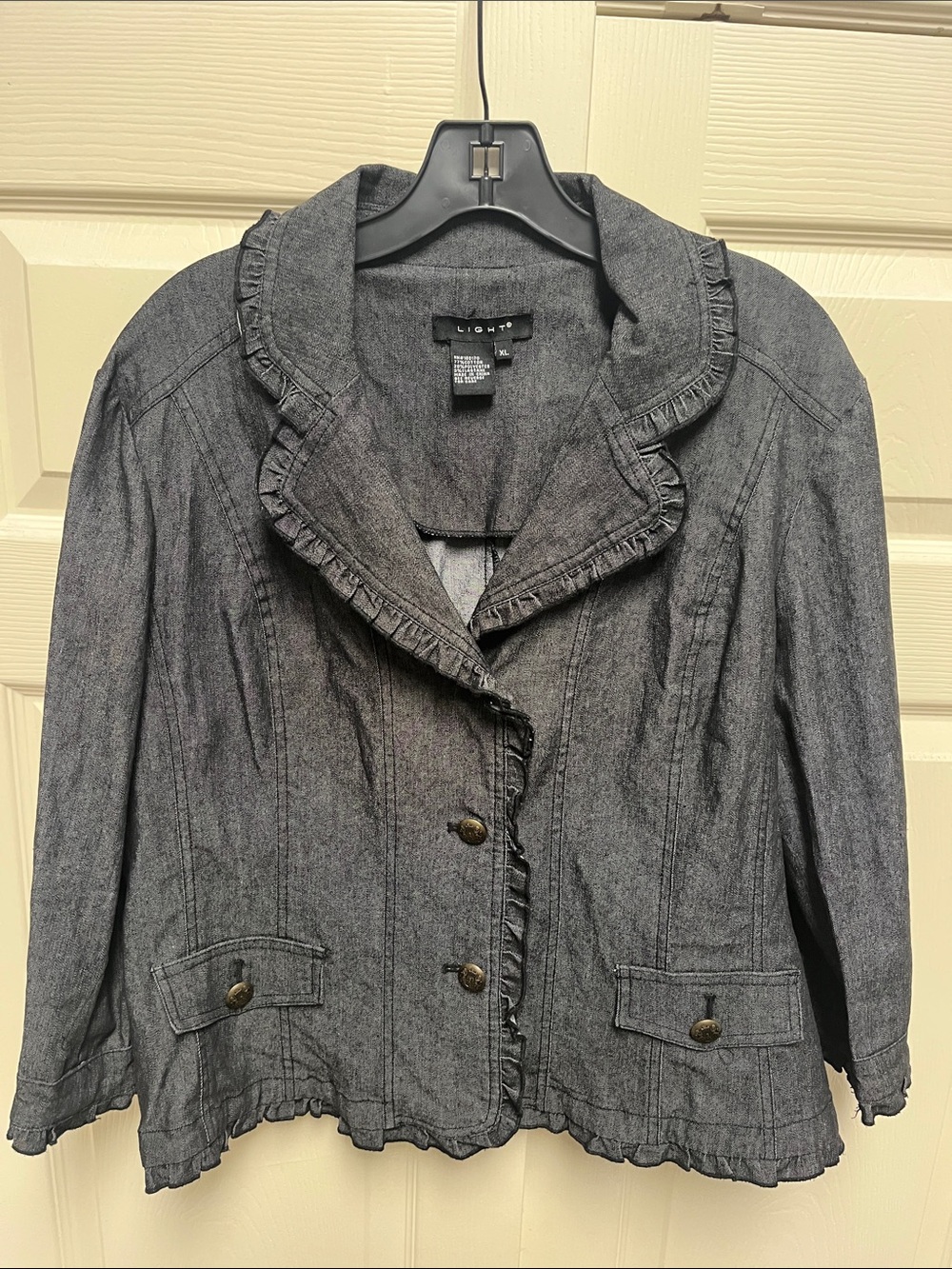 Lightweight Ruffle-Trim Black/Gray Denim Jacket by